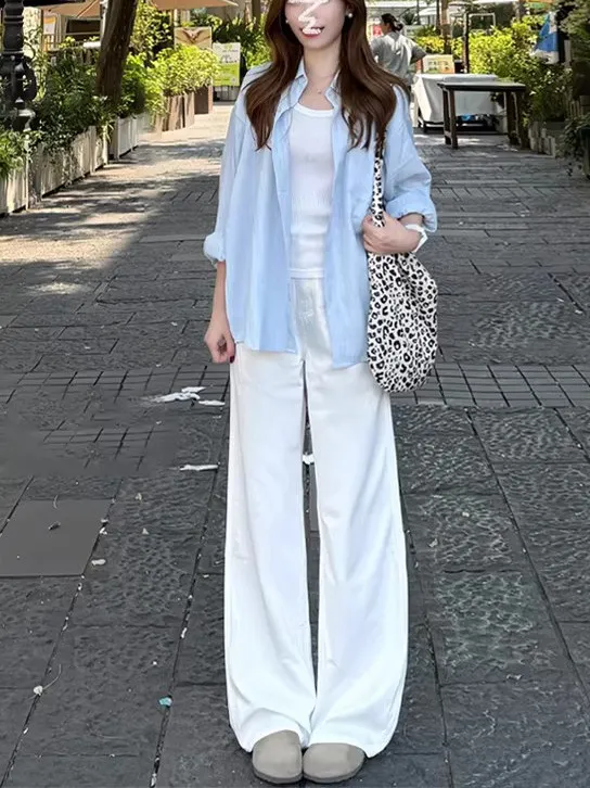 

High Waist Wide Leg Jeans Women's Loose Fit Floor Length Slimming Cotton Stretch Denim Spring Summer New Style White Jeans