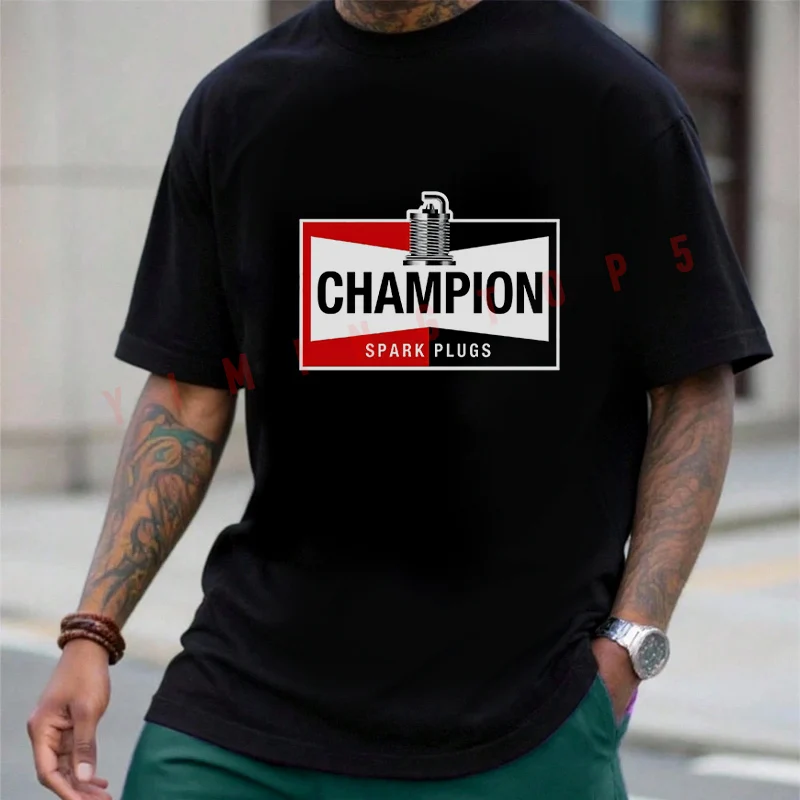 

Motorcycle Champion Spark Plug Logo T-Shirt Cotton Men Summer Casual Short Sleeve Round Neck Tees