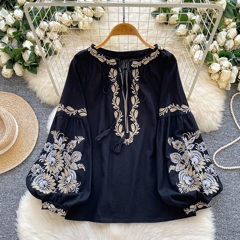봄 가을 여성을위한 예술적 복고풍 자수 민족 스타일 블라우스 루즈 캐주얼 랜턴 슬리브 레이스 업 탑 트렌디 D79