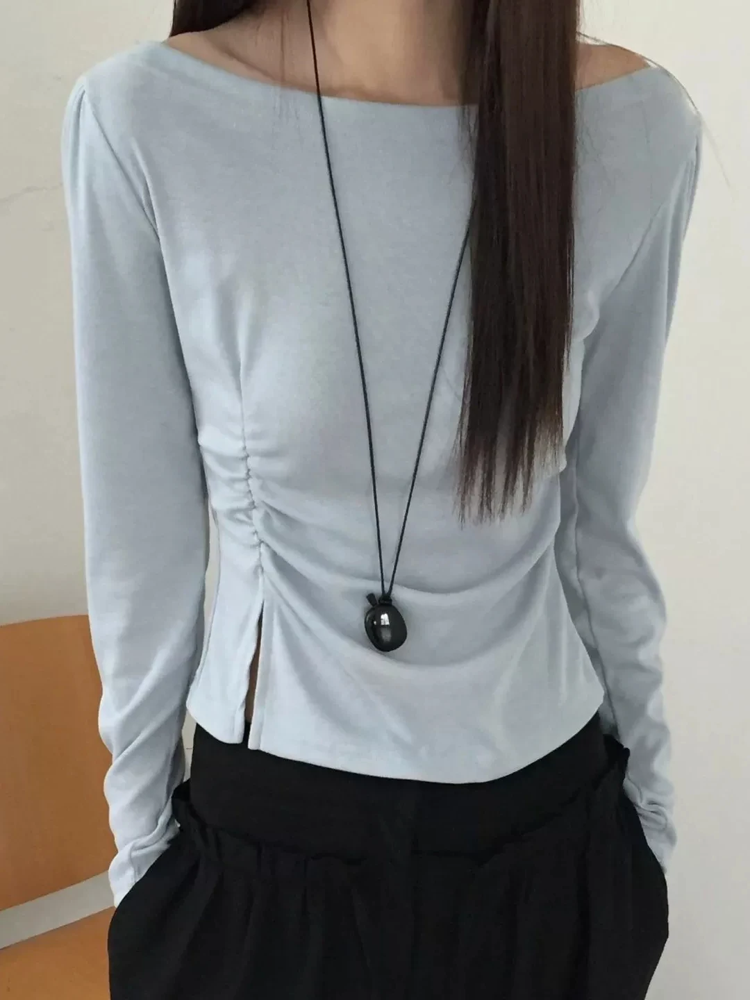 Women's Short Sleeveless T-shirt Long Sleeve Pressed Pleat Design Slim Fit Base Layer Spring Autumn High Waist Travel Friendly