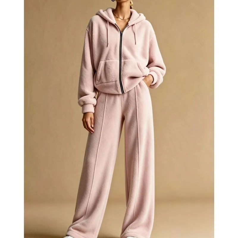 Women Fleece Piece Tracksuit Zip Up Hooded Jacket High Waist Wide Leg Pants Soft Warm Casual Loungewear Set Autumn Winter Outfit