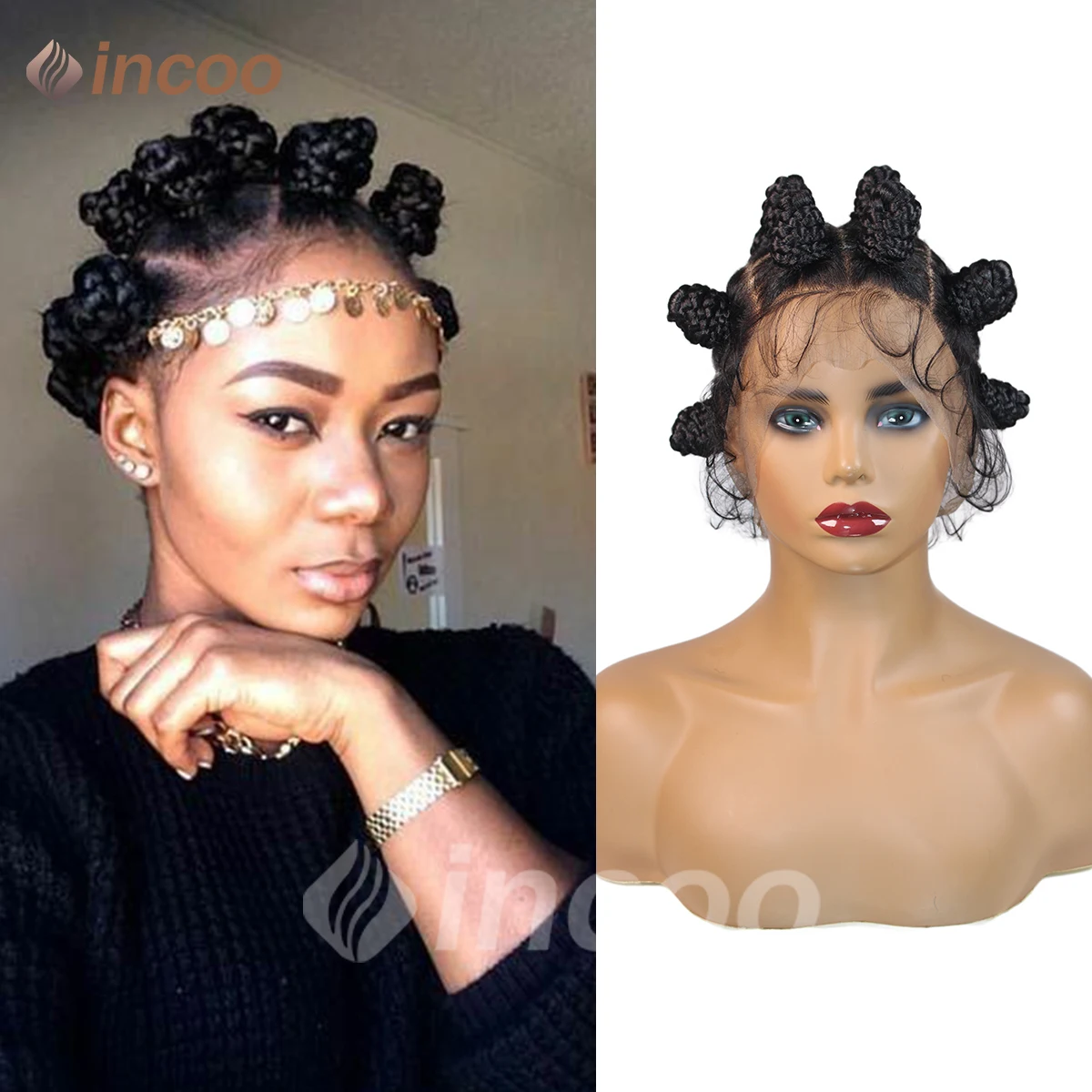 

Bantu Knots Braided Wigs for Black Women Transparent HD Full Lace Knotless Box Braids Wig with Baby Hair Synthetic Faux Locs Wig