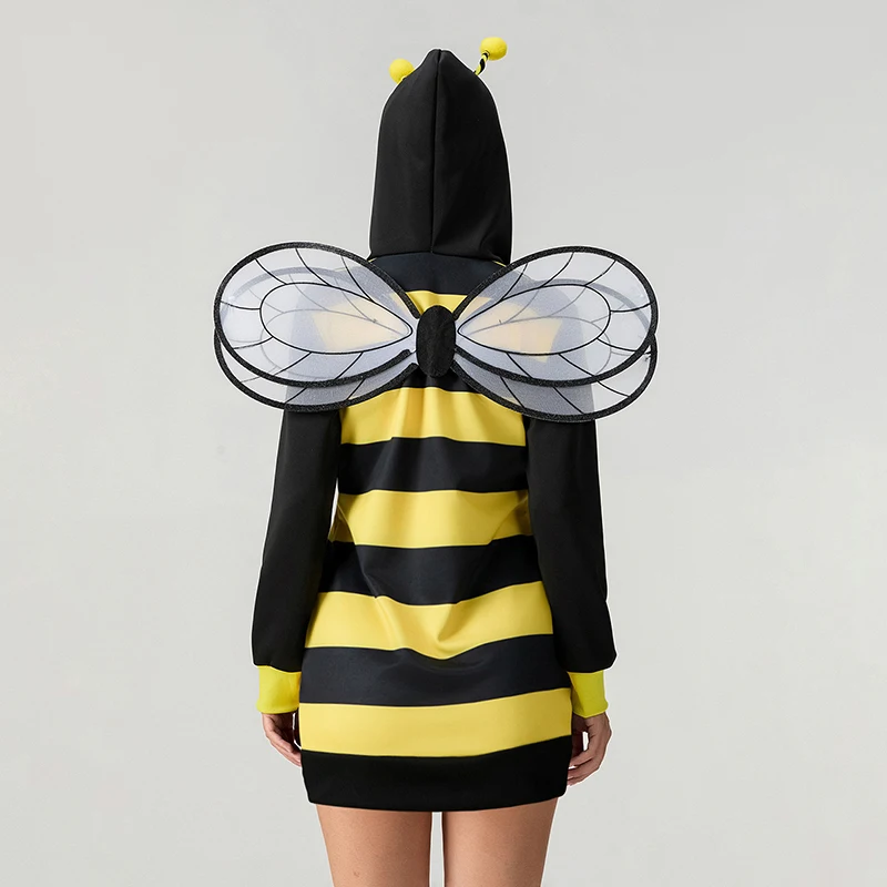 Women s Halloween Cosplay Bee Costume Bee Queen Halloween Party Cosplay Hooded Dress and Wings Set Fancy Costume