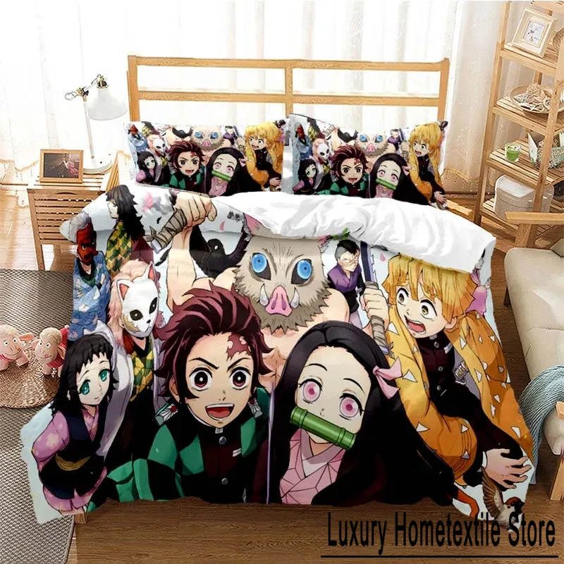 Anime Demon Slayer Nezuko Tanjirou Bedding Set Boys Girls Twin Queen Size Duvet Cover Pillowcase Bed Boys Adult