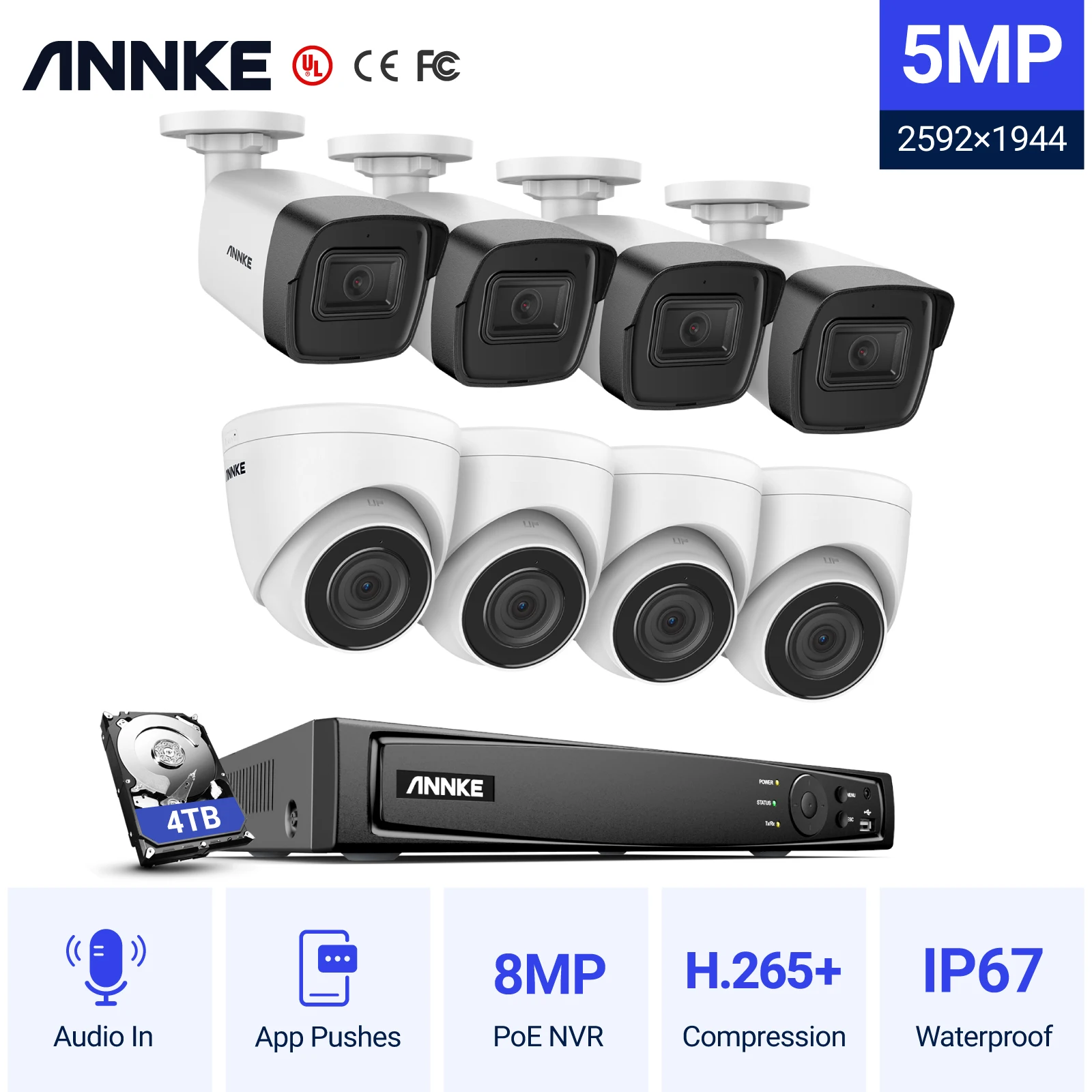 ANNKE 8CH 5MP Ultra HD POE Network Video Security System 5MP H.265+ NVR 8Pcs 5MP IP Camera CCTV Video Surveillance 128G TF Card