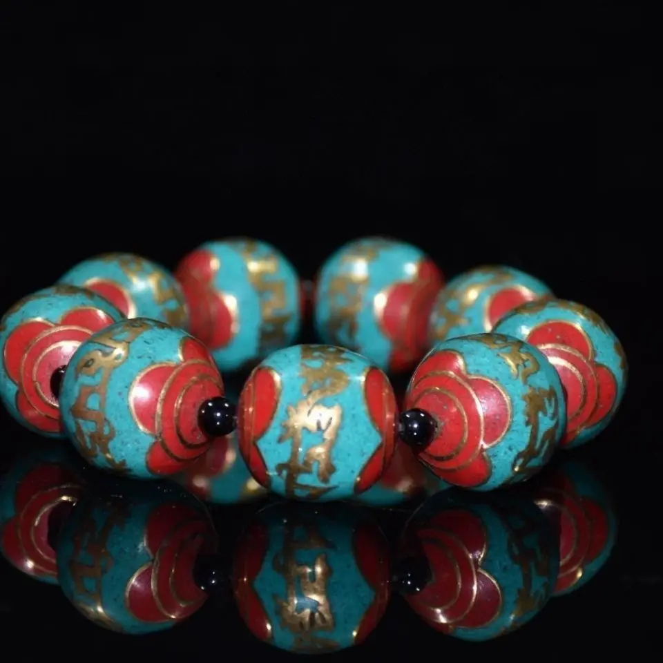 Early Collection, Nepalese Repatriated Ornament Inlaid with Turquoise Engraved with Six-Syllable Mantra