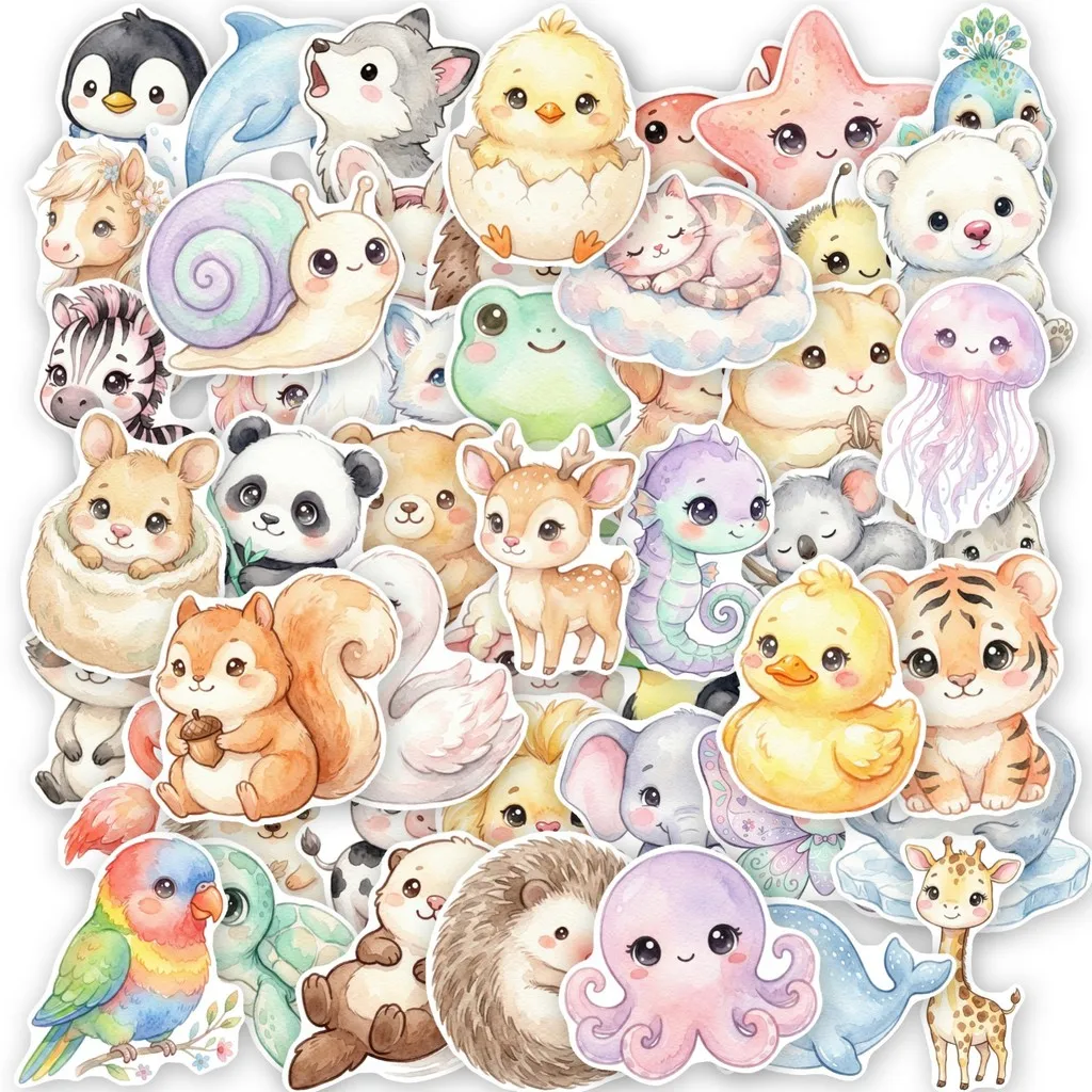 50Pcs Watercolor Little Animal Stickers Fresh Cartoon Decals of Marine and Land Creatures for DIY Golden Memory Stickers Store