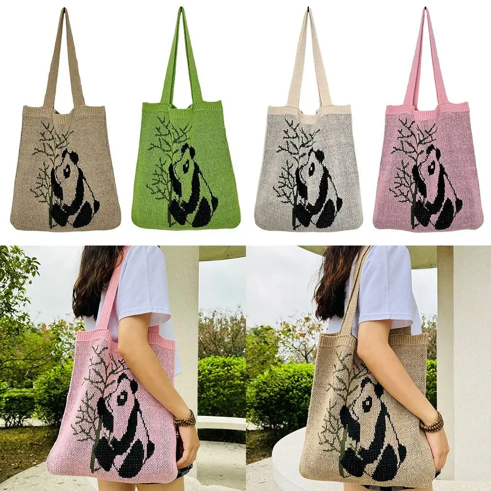 Hollow Knitted Handbags Fashion Large Capacity Woven Totes Panda Pattern Handle Beach Purses