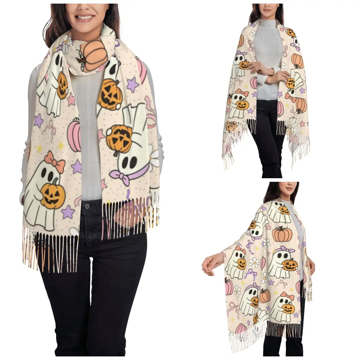 Cute Ghosts And Pumpkins Shawls Wraps for Ladies Winter Warm Single-sided Pattern Scarf Halloween Pashminas Tassel Scarves