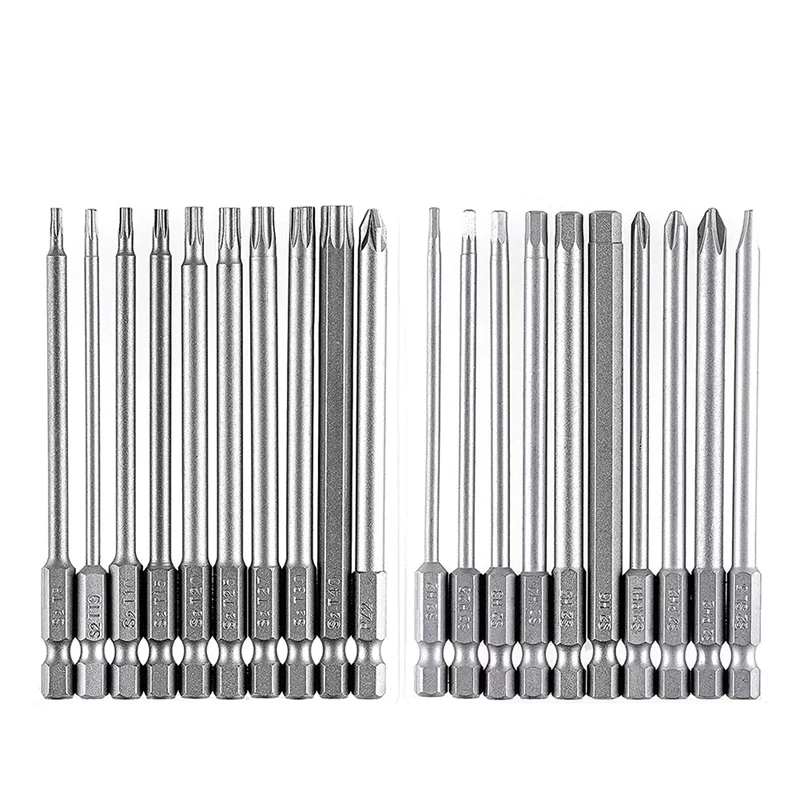 Magnetic Bit Set Long 20 Pcs 100mm Torx T8-T40 Hex H2-H6 PH1 PH2 PZ2 Slotted 1/4inch Hexagon