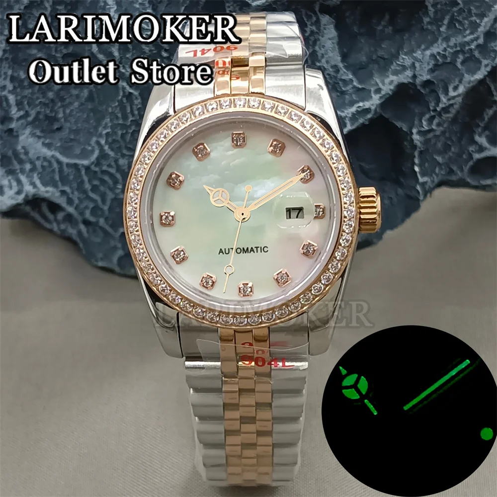 LARIMOKER Damenuhr, 31 mm Lünette, Silber, Gold, Diamant-Index, Uhrengehäuse, Edelstahlarmband, Saphirglas, NH05 Uhrwerk