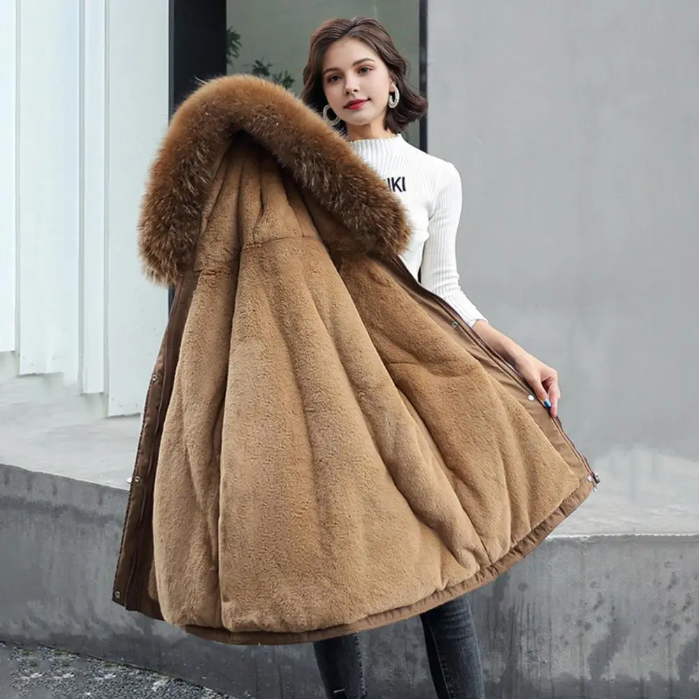Winter Women Furry Hood Parka Jacket Thickened Drawstring Waist Oversized Velvet Windbreaker Mid Length Warm Long Coat Outerwear