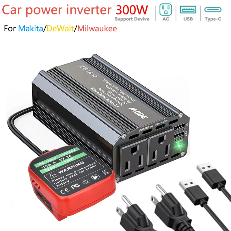 

300W Power Inverter AC110V/DC18V For Makita/Dewalt/Milwaukee 18V Li-ion Battery with 2 AC Outlets 3 USB Ports Outdoor Power Bank