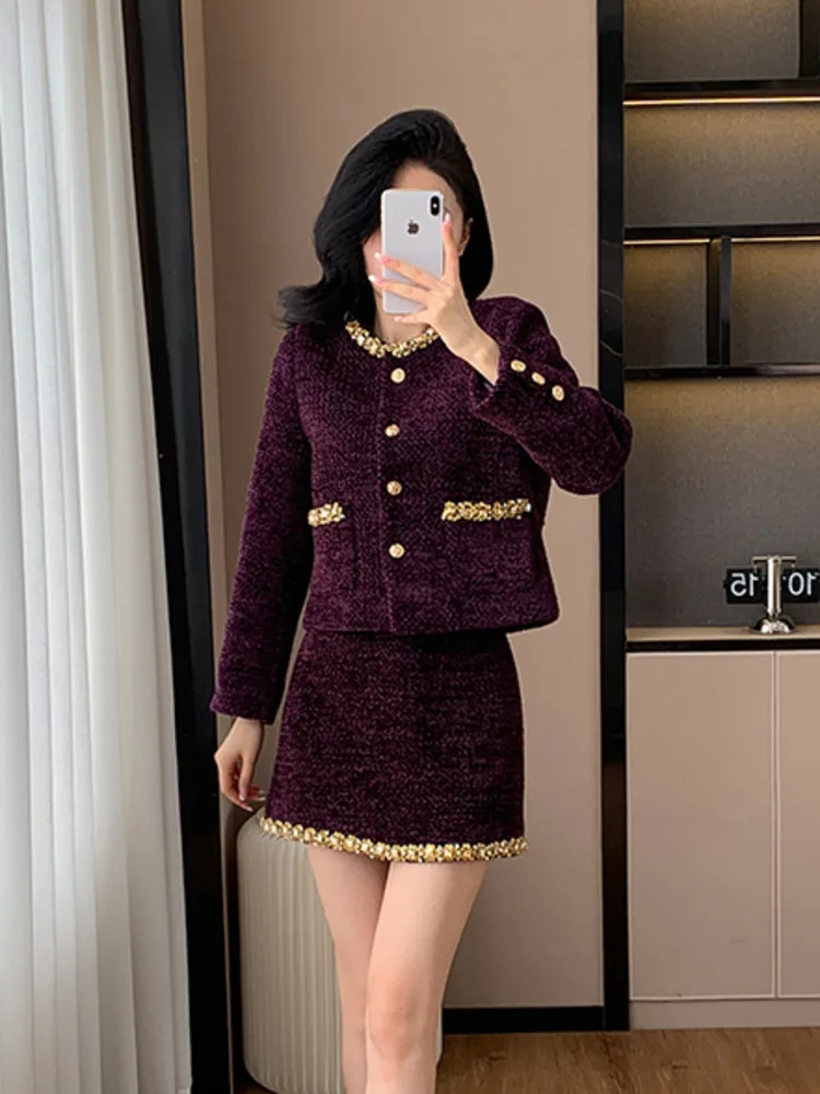 Wysokiej jakości dwuczęściowy zestaw French Vintage Small Fragrance Women Outfit Tweed Jacket Coat + Skirt 2-częściowe garnitury Conjuntos Cortos