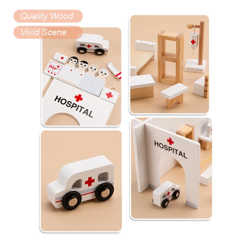 Children Hospital Pretend Play Wooden Doctor Role Play Game Ambulance Simulation 3D Toys Learning Education Imitation Game