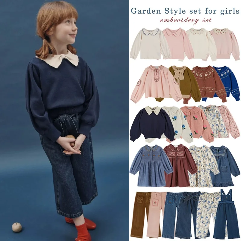 

Girls' Dress 2025 Fall New Arrival Printed Fashion Long-Sleeve Dress Pure Cotton Bow Knit Sweater Warm Jacket Cotton Denim Pants