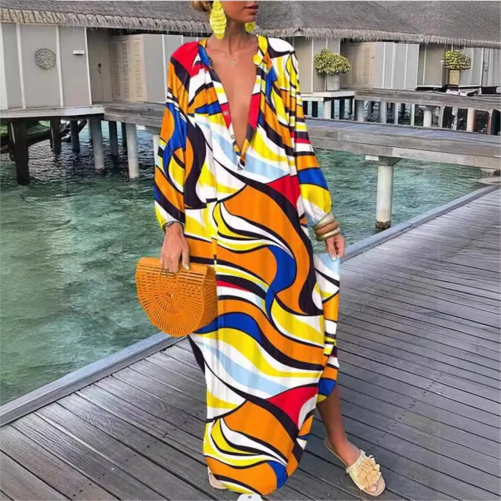ボヘミアンプリントビーチドレス 2025 新作 夏 エレガント ディープVネック 長袖 マキシ丈ワンピース レディース セクシー ゆったり オーバーサイズ バケーションドレス