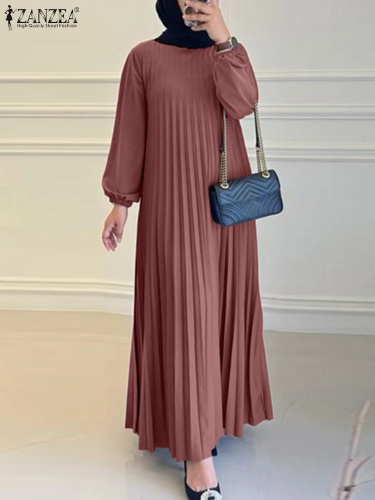 ZANZEA Ramadan Muslim Abaya Robe Femme Long Sleeve O Neck Dress Solid A Line Pleated Vestido Kaftan Women Maxi Long Dresses 2026