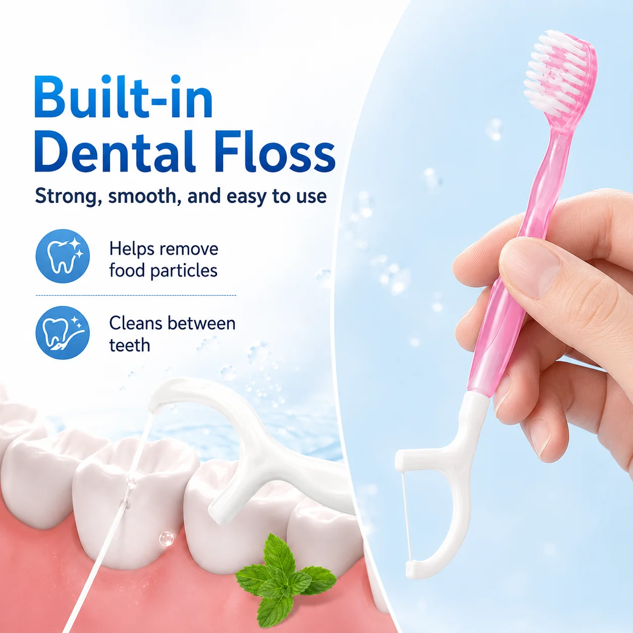 3-in-1 Portable Travel Mini Toothbrush with Mint Burst Bead Floss Pick Individually Sealed Pack Disposable Soft Tooth Cleaner