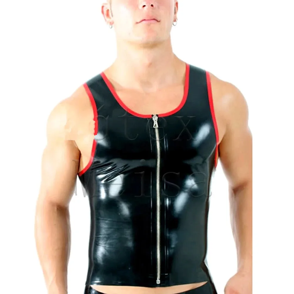

Latex Vest Front Zipper Design Men Latex Tops in Black with Red Trim Decorations