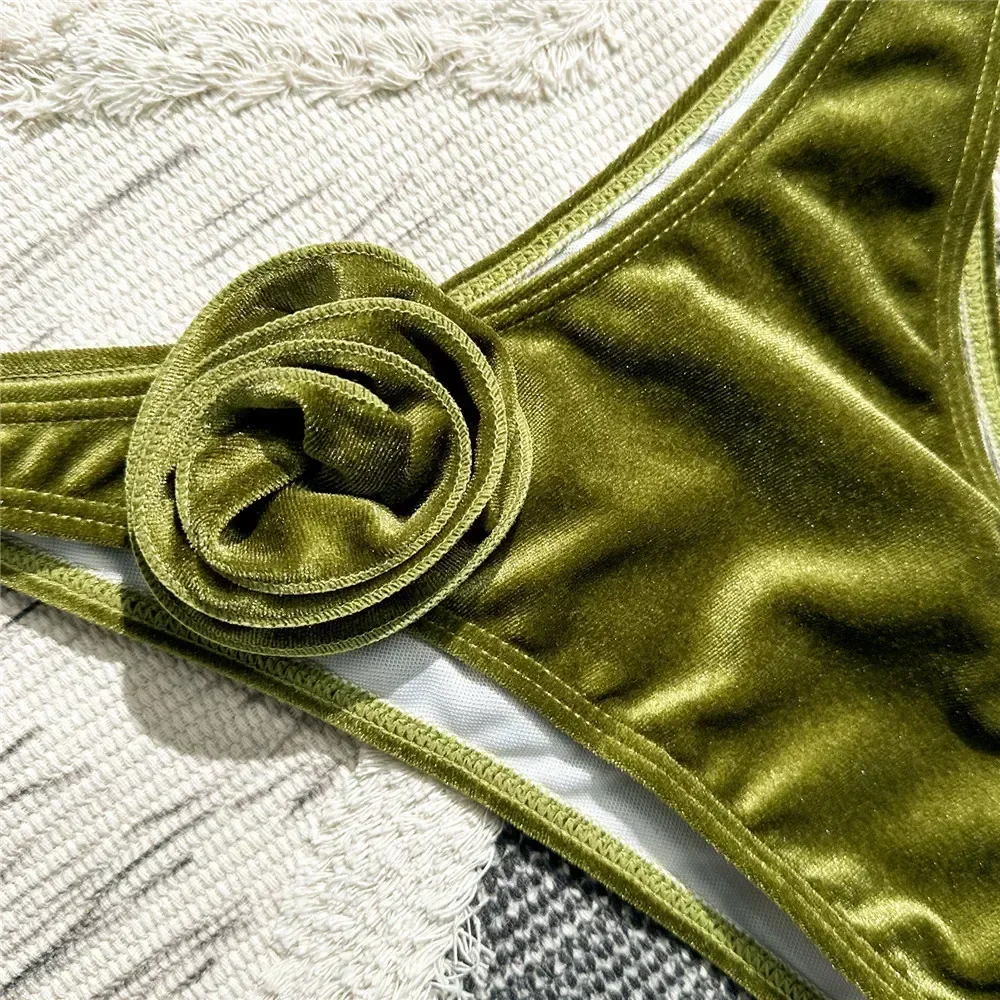 Sexy Green Velvet 3D Flower Swimwear Push Up Bikinis Sets Swimsuit 2026 Women Underwired Bathing Suit Thong Bikini Mujer Biquini