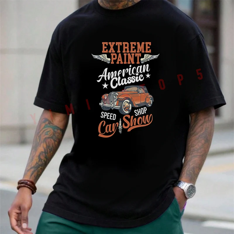 

Classical Vintage Car Show Graphic Motorcycle T-shirt Men's Summer Cotton Casual Short-sleeved O-neck Top Tees