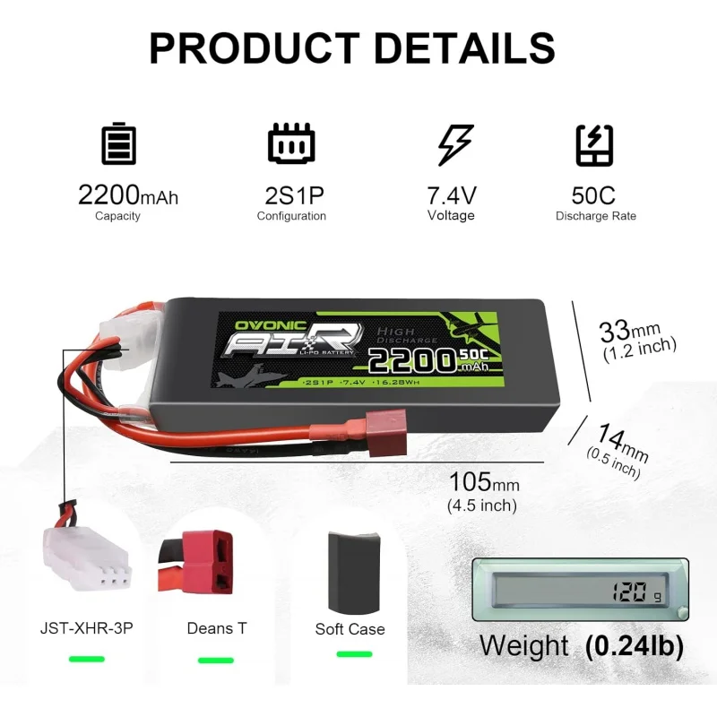 Ovonic 2s bateria lipo 50c 2200mah 7.4v bateria lipo caso macio com conector t estilo dean para rc evader bx carro rc caminhão rc trug