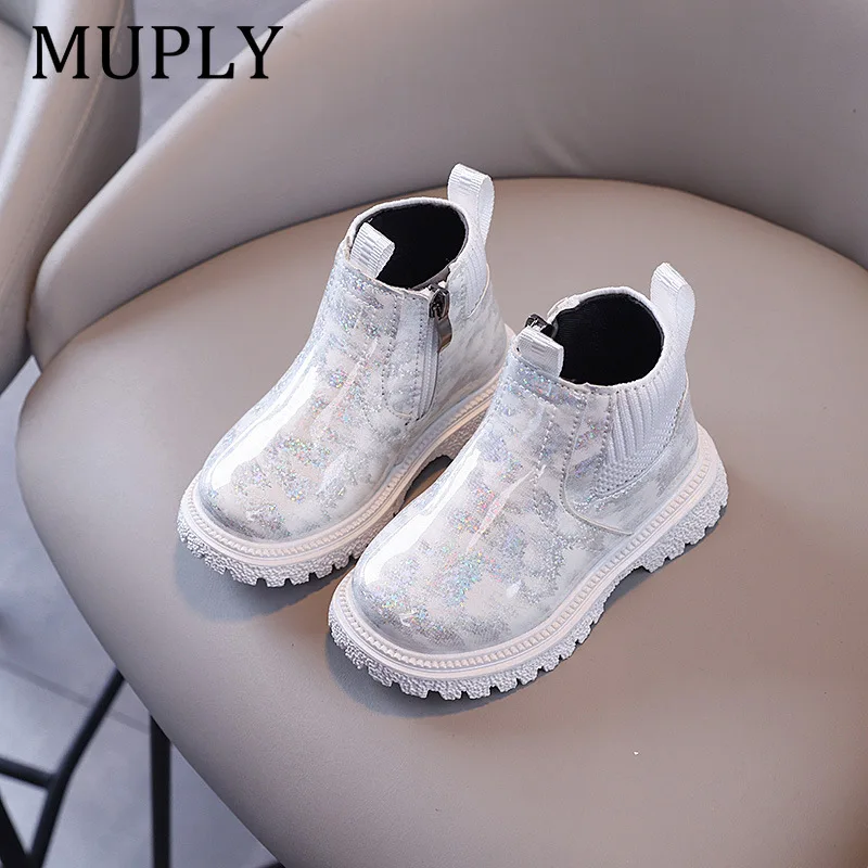 Children's Autumn Boots Glossy Girls Causal Leather Boots Fashion Versatile Kids Princess Ankle Short Boots Round-toe Zipper
