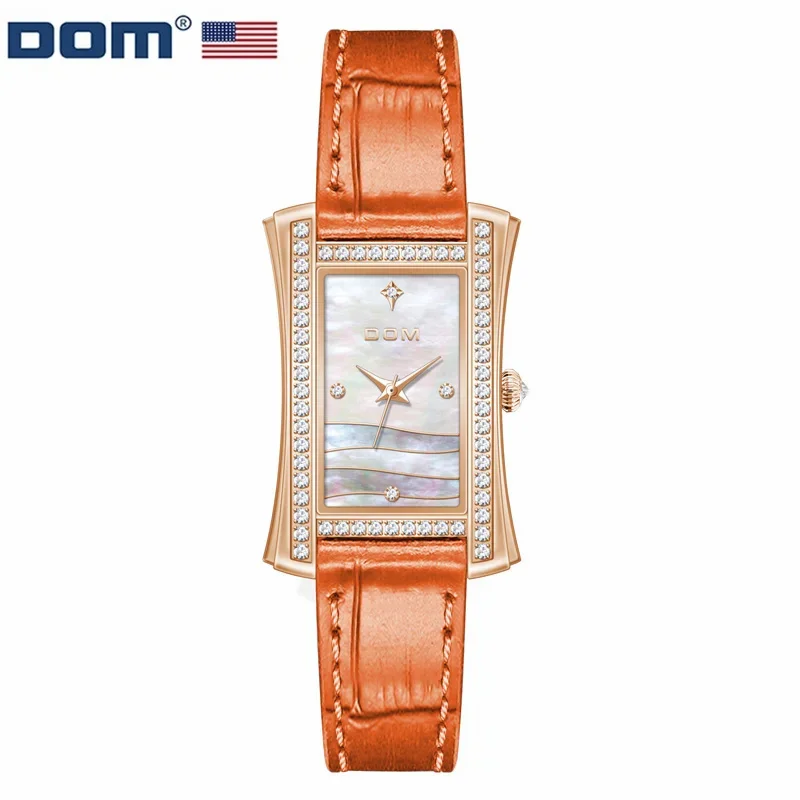 

DOM 1532 Square Quartz Watch Women Fashion Simple Golden Diamond Watches Pointer White Leather Wristwatches Ladies Clock Gift