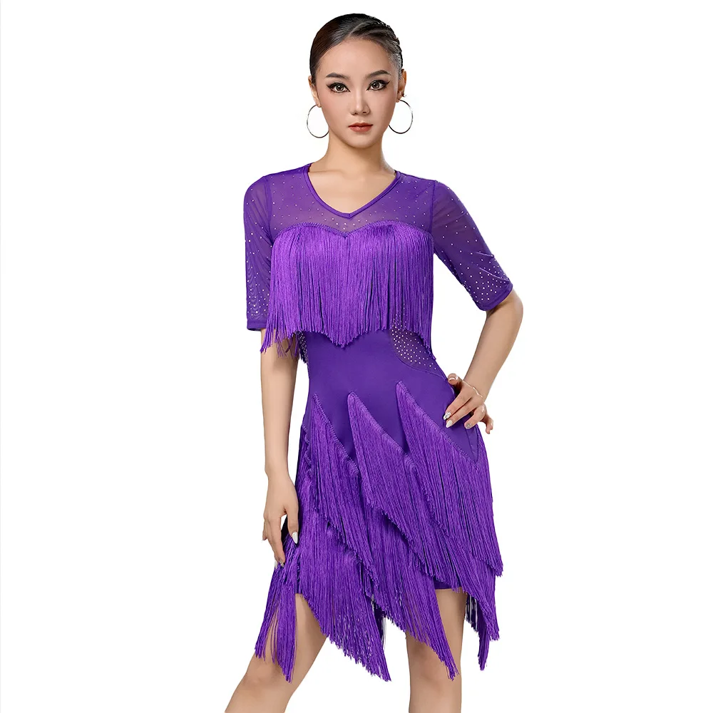 Robe de danse latine à franges Sexy haut de gamme pour femmes adultes, Costume de spectacle professionnel de Tango Samba Chacha avec détails de pompon