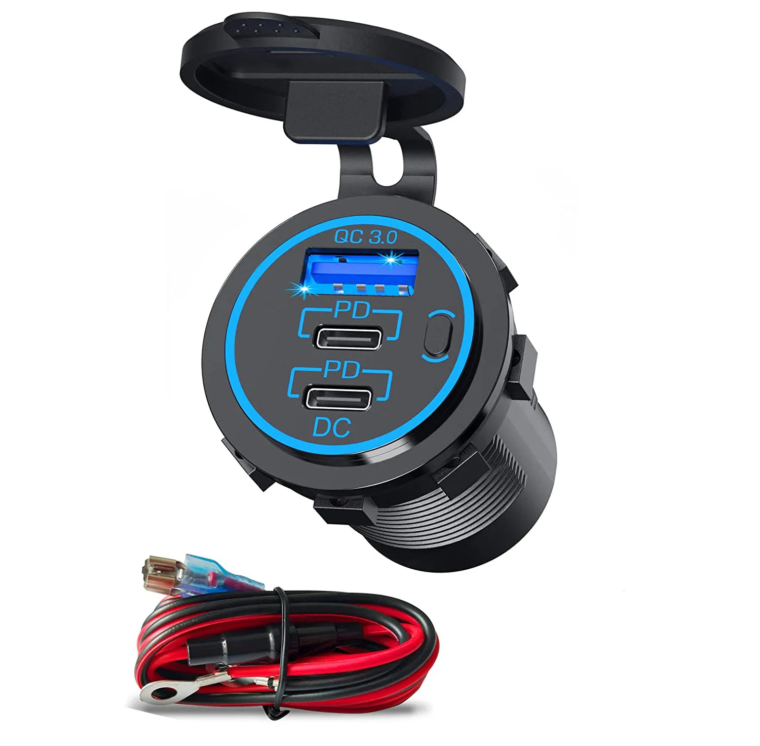 USB Car Charger Power Outlet QC3.0+Dual PD Fast Charger Socket with Switch for Car Marine Motorcycle