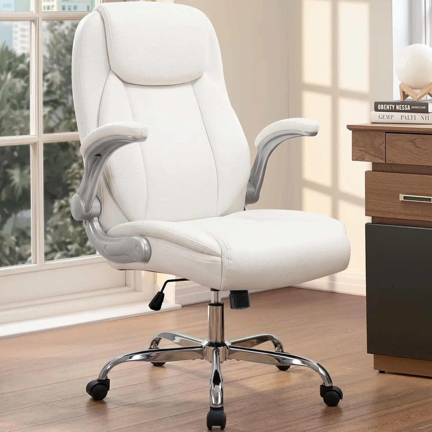 Ergonomic Office Gaming Chair with Flip-up Armrests, Adjustable Height, Swivel, PU Leather, White