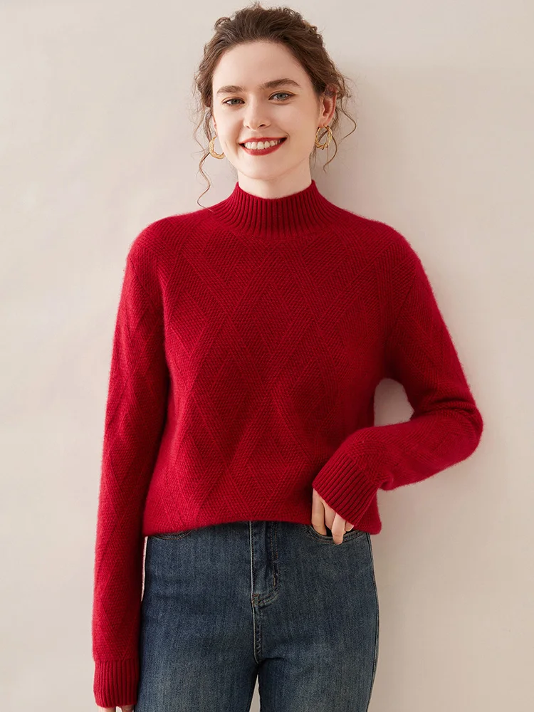 Women Cashmere Sweater Winter Thick Warm Mock Neck Pullover 100% Cashmere Knitwear Twist Argyle Basic Casual Clothing Fashion