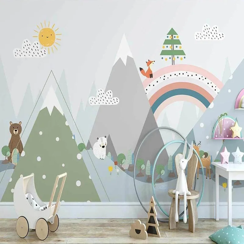 Custom Any Size Mural Wallpaper Nordic Hand-painted 3D Cartoon Rainbow Animal Children's Room Background Wall Papers