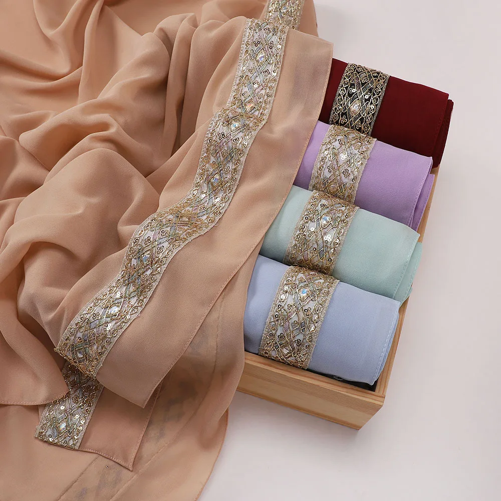 

Шарф с вышивкой премиум-качества, жемчужная шифоновая шаль, женский мусульманский хиджаб, банданы, повязка на голову, Bufanda, платок, Turbante Mujer