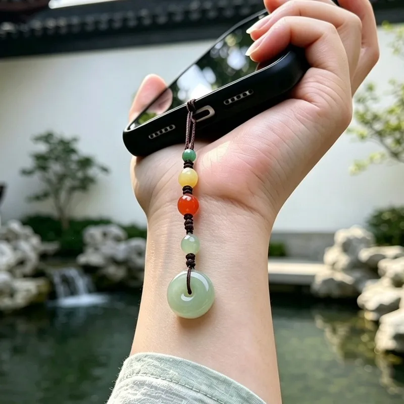 Natural Qingshui Hetian Jade Peace Phone Chain, Handmade New Style Ancient-Inspired Gourd Bag Pendant