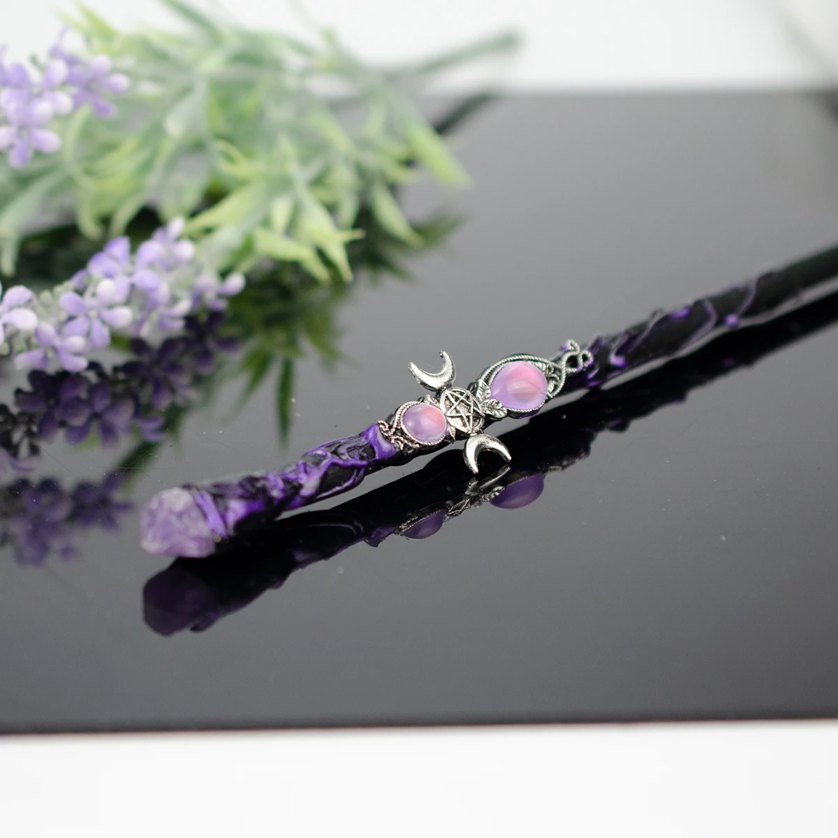 Natural Amethyst Crystal Triple Moon Wands For Women Men Mysterious Protect Altar Wand