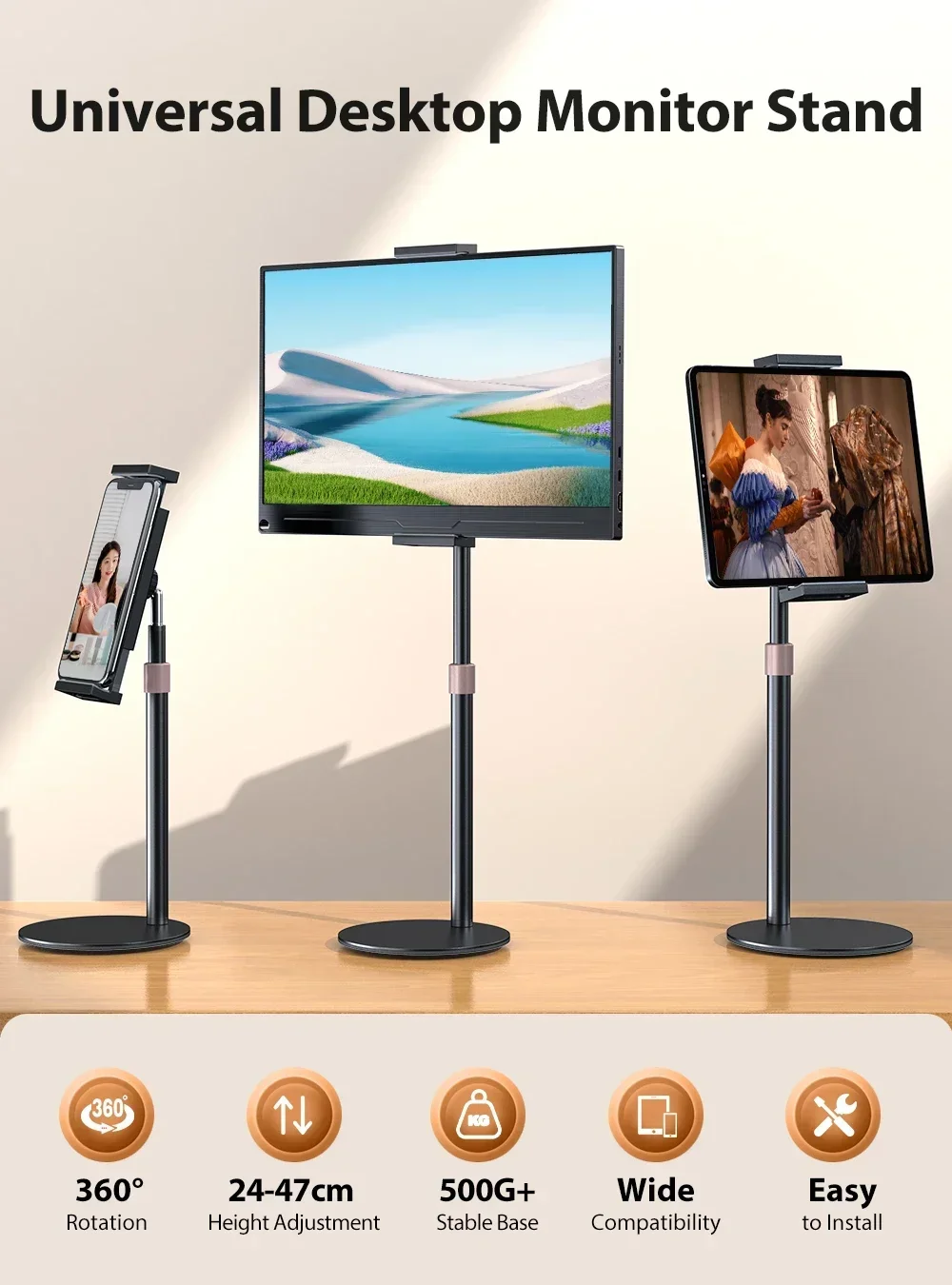 Portable Monitor VESA Stand for 15.6'' 17.3''  Adjustable 360° Swivel Bracket Tablet Holder Compatible with 4.7’’-17.3