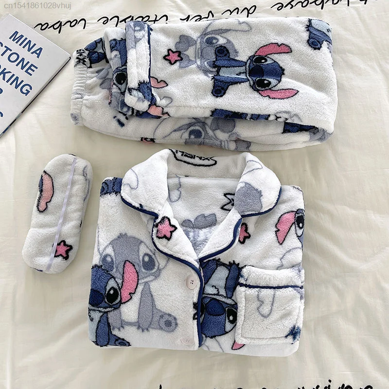 Disney Stitch Schattige Pluche Dikke Koraal Pluche Nachtkleding Voor Vrouwen Herfst Winter Nieuw Thuis Pjs Slaapset Vest Pijama Dame