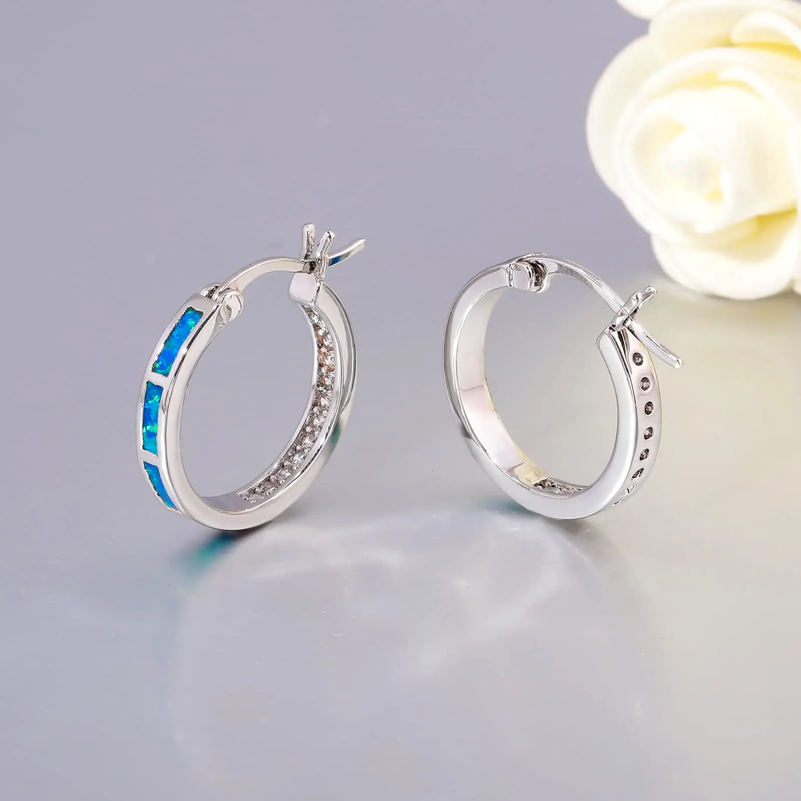 Fashion Round Circle Hoop Earrings for Women Silver Color Birthstone Imitation Opal Earrings Engagement Wedding Jewelry Gift