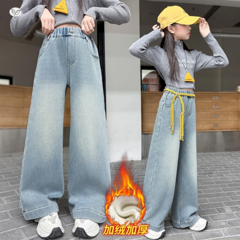 

Джинсовые брюки с вышивкой бантом для девочек, винтажные светло-голубые широкие джинсовые брюки, осень/зима 2026, молодежные брюки