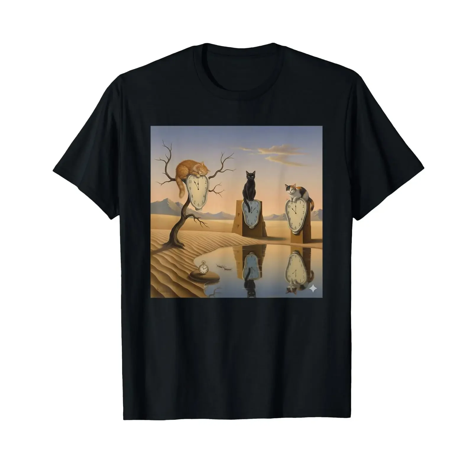 T-shirt vintage « La persistance des chats » inspiré de Dali, parodie d'art, délavé, respirant, légèrement extensible, doux pour homme
