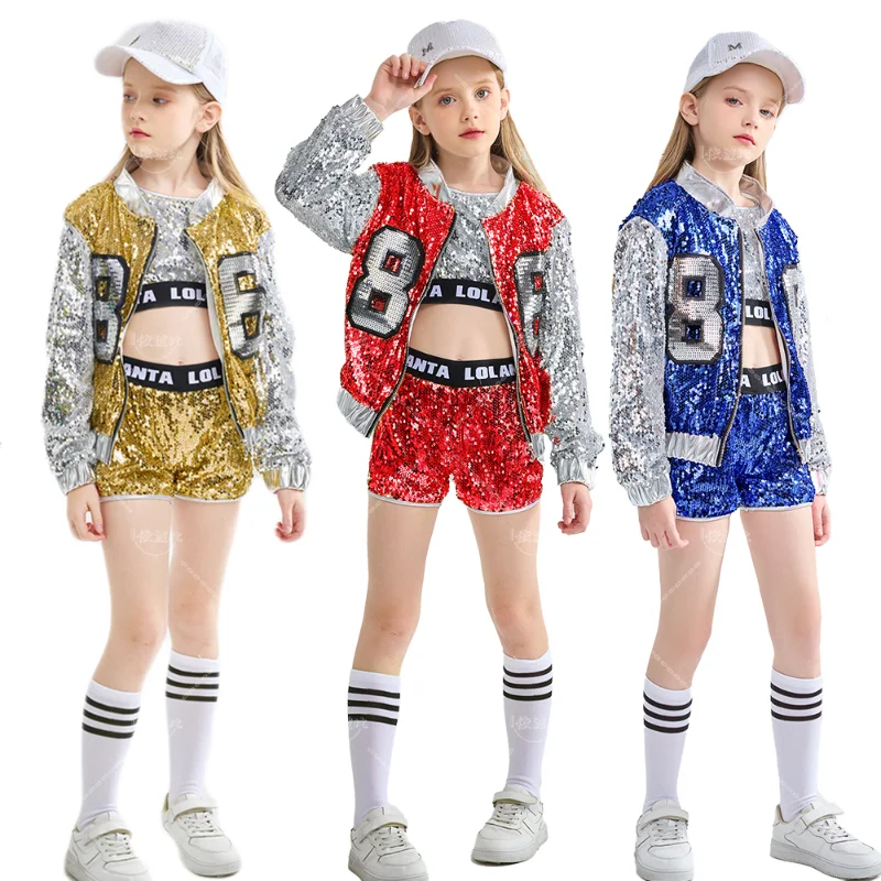 Girls Pink Sequin Short Top Jacket Dancer Costume Hip-hop Modern Jazz Dance Stage Performance Costume