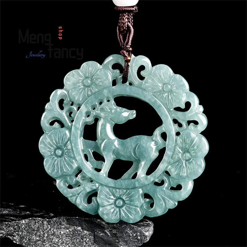 

Natural A-goods Jadeite Blue Water Fortune and Luck Full Plum Blossom Deer Jade Pendant Ethnic Couple Fashion Luxury Jewelry