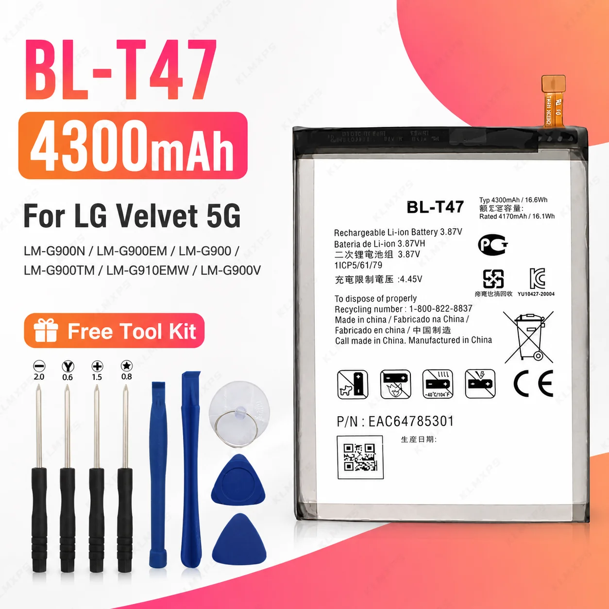 Replacement Phone Battery BL-T47 4300mAh for LG Velvet 5G LMG900TM G9 Mobile Battery with Repair Tools Kit Pack