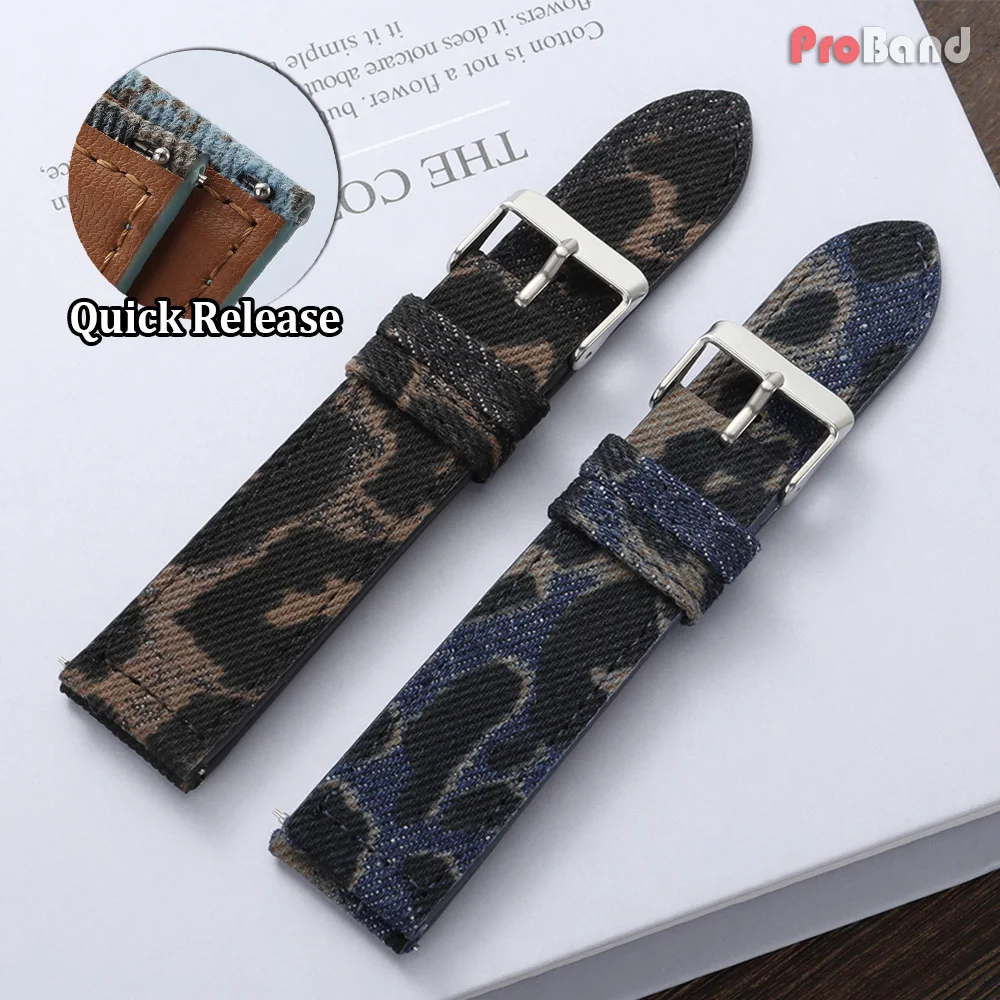 18mm 20mm 22mm Leopard Denim Fabric Watch Strap Quick Release Watch Band Universal Replacement Watchbands Woven Leather Bracelet