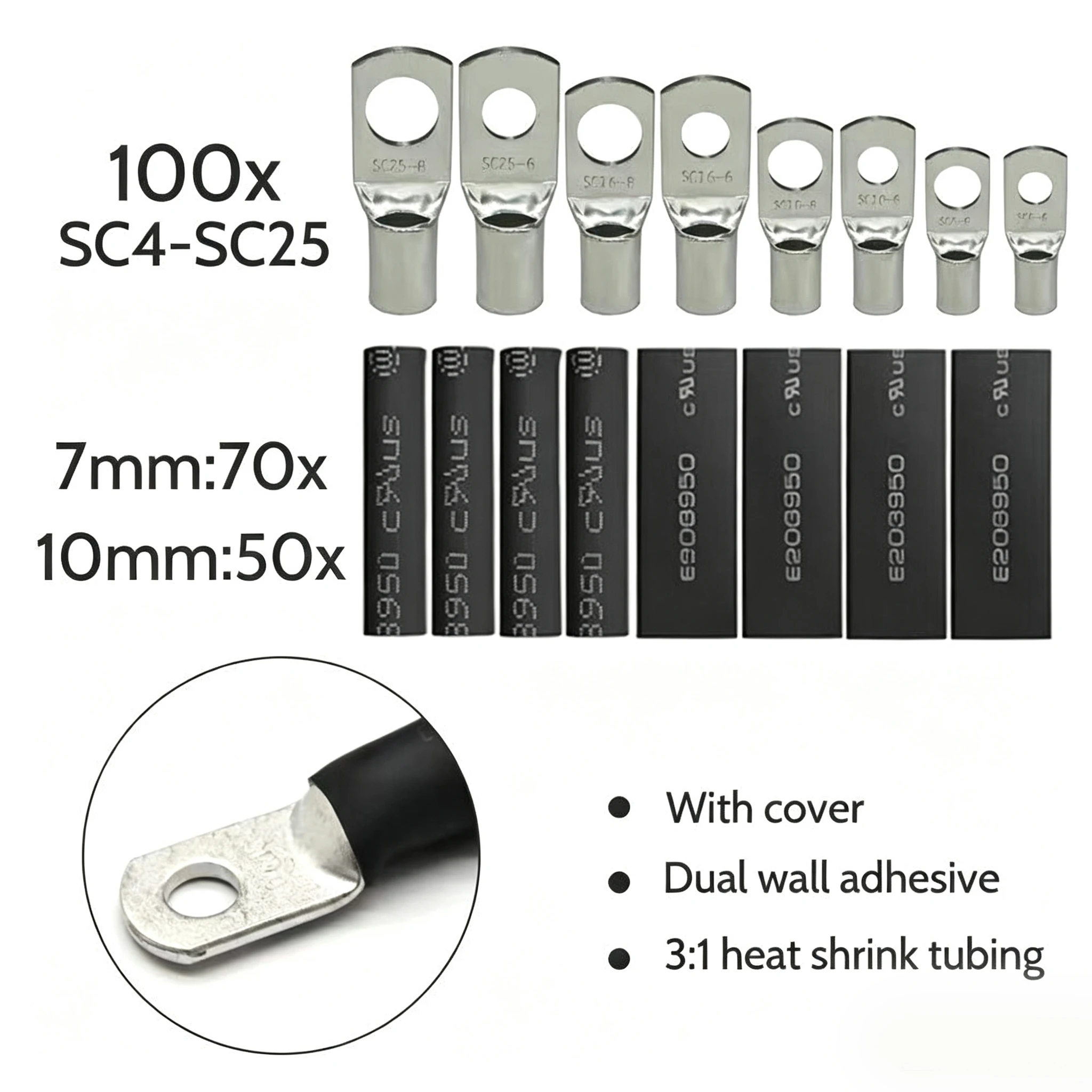 120Pcs Tinned Copper Wire Lugs Battery Cable Ends Eyelets SC4-SC25 Terminal Connectors with Heat Shrink Set Assortment Kit