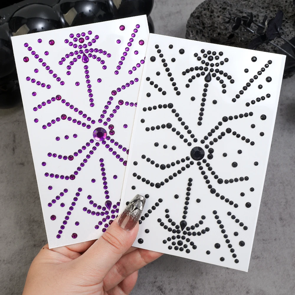 3D Red Black Face Diamond Sticker Crystal Jewel Halloween Purple Spider Rhinestone Temporary Tattoo Stickers Festival DIY Makeup