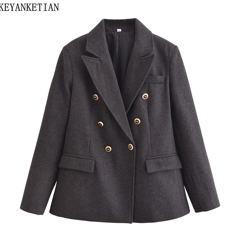 KEYANKETIAN 2025 Spring New Women's Double Breasted Woolen Suit Spring Flap Pockets Slim Solid color Outerwear Crop Blazer Top