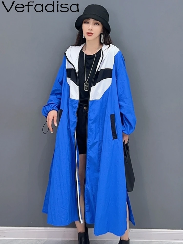 

Vefadisa Blue 2024 Autumn New Patchwork Women Trench Coat Hooded Long Sleeved For Sporty Casual Mid Length Trench Coat ZXY683AF1